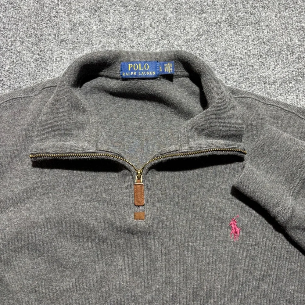 Polo Ralph Lauren Mens Large Gray Quarter Zip Pullover Cotton Pink Pony Logo